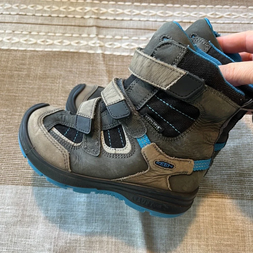 Keen Kids Waterproof Hiking Boots Gray Blue Triple Strap Size 12 US 30 EU